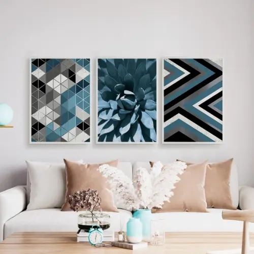 Trio Quadros Digitais - Geométrico Planta Azul E Prata