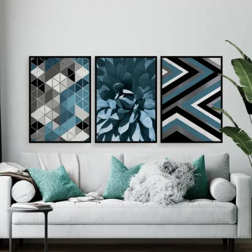 Trio Quadros Digitais - Geométrico Planta Azul E Prata