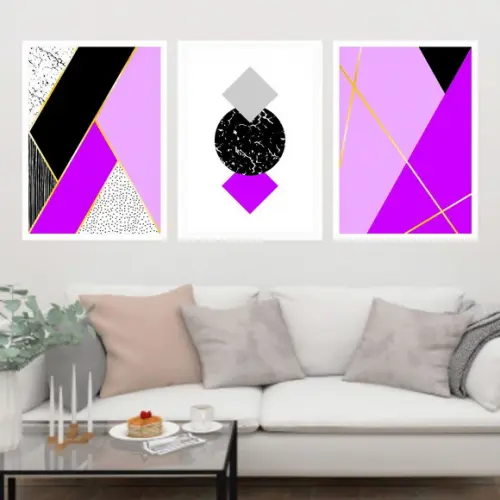 Trio Quadros Digitais - Geométrico Roxo e Preto