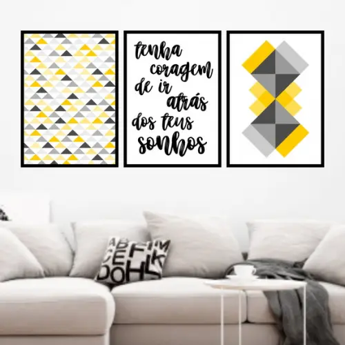 Trio Quadros Digitais - Geométrico Tenha coragem Amarelo