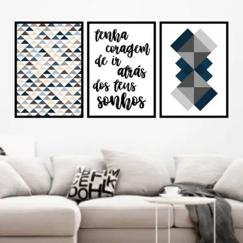 Trio Quadros Digitais - Geométrico Tenha coragem Azul Escuro