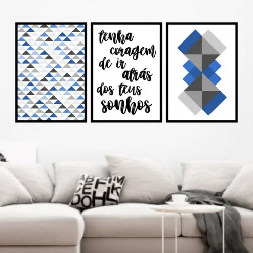 Trio Quadros Digitais - Geométrico Tenha coragem Azul Cinza