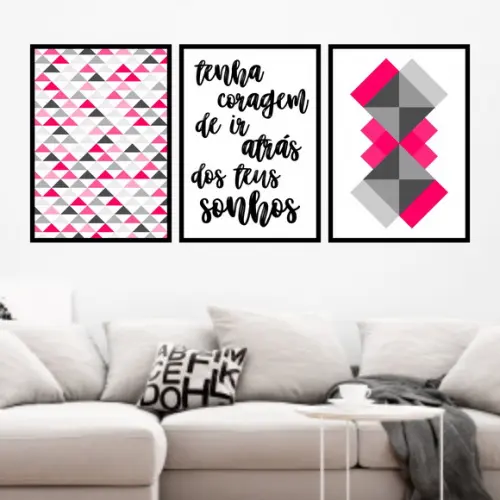 Trio Quadros Digitais - Geométrico Tenha coragem Rosa Cinza