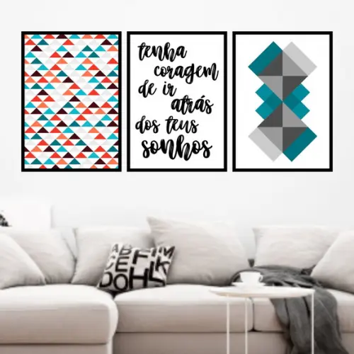 Trio Quadros Digitais - Geométrico Tenha coragem Verde Água