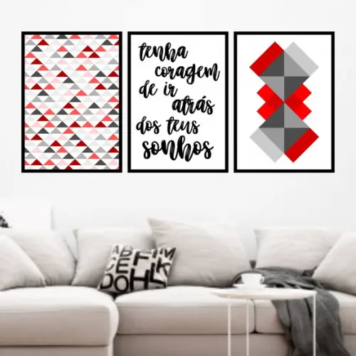 Trio Quadros Digitais - Geométrico Tenha coragem Vermelho