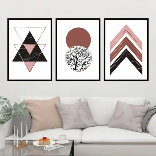 Trio Quadros Digitais - Geométricos Rose Gold