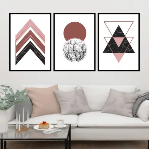 Trio Quadros Digitais - Geométricos Rose Gold