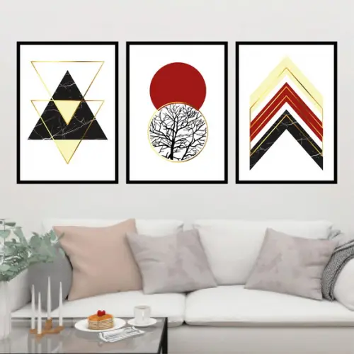 Trio Quadros Digitais - Geométrico Vermelho bege e dourado