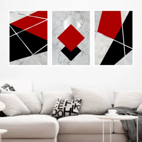 Trio Quadros Digitais - Geométrico Vermelho Cinza