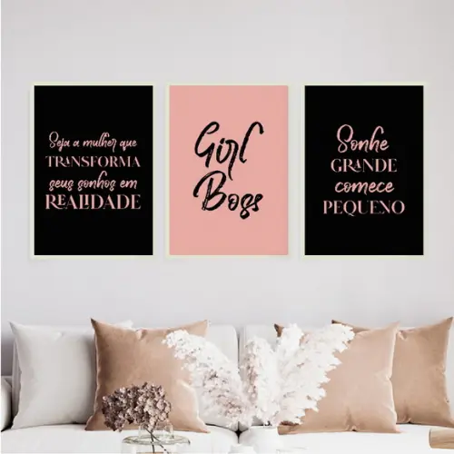 Trio Quadros Digitais - Girl Boss - Sonhe Transforme - Preto