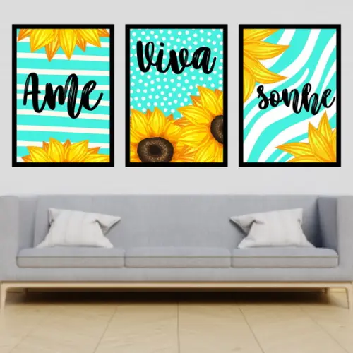 Trio Quadros Digitais - Girassol Ame Viva Sonhe Turquesa