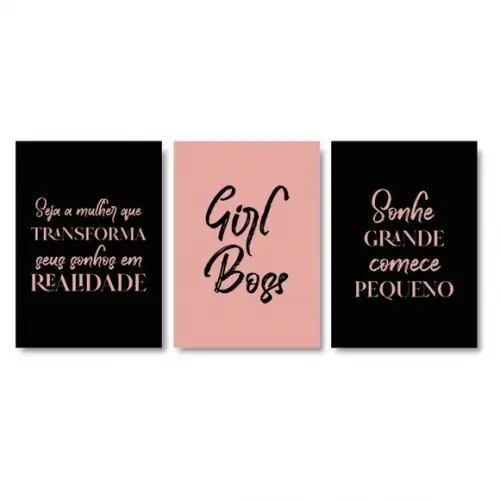 Trio Quadros Digitais - Girl Boss - Sonhe Transforme - Preto