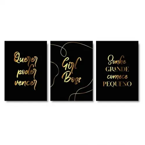 Trio Quadros Digitais - Girl Boss - Preto e Dourado