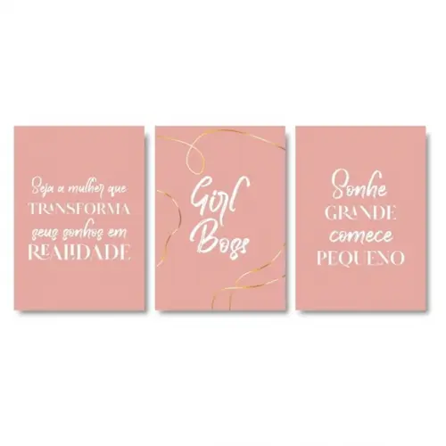 Trio Quadros Digitais - Girl Boss - Sonhe Transforme - Rosa