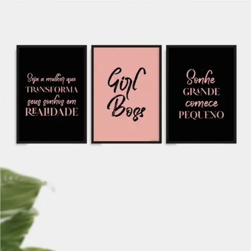 Trio Quadros Digitais - Girl Boss - Sonhe Transforme - Preto