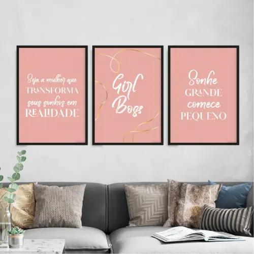 Trio Quadros Digitais - Girl Boss - Sonhe Transforme - Rosa