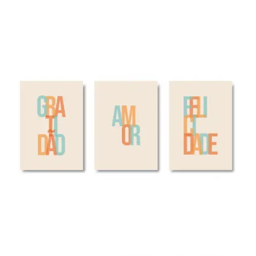 Trio Quadros Digitais - Gratidão Amor Felicidade Letras