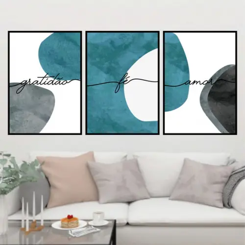 Trio Quadros Digitais - Gratidão Fé Amor Azul Turquesa