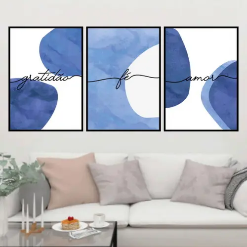 Trio Quadros Digitais - Gratidão Fé Amor Azul