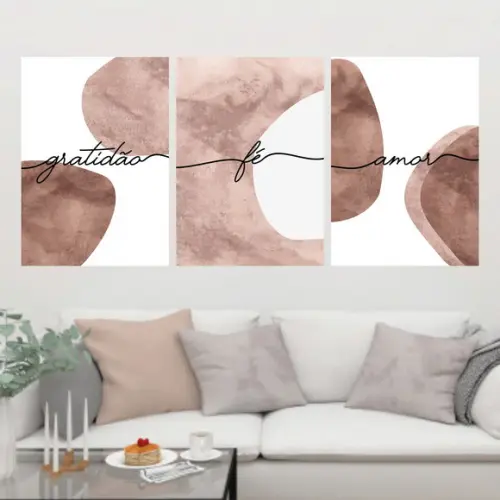 Trio Quadros Digitais - Gratidão Fé Amor Círculos Marrom
