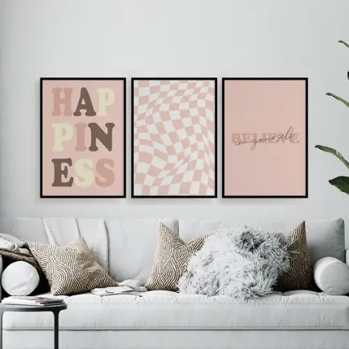 Trio Quadros Digitais - Hapiness Geométrico Rosa E Branco