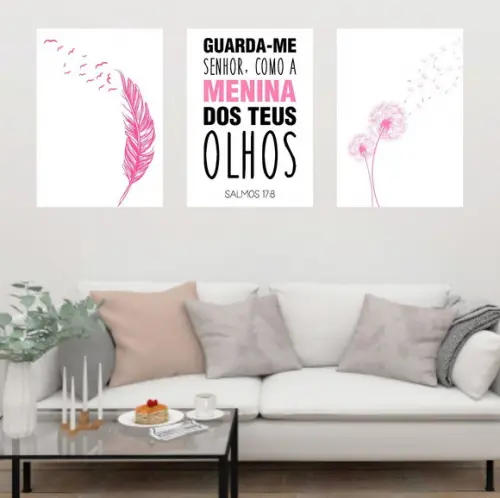 Trio Quadros Digitais - Guarda-me Senhor Dente de Leão Rosa
