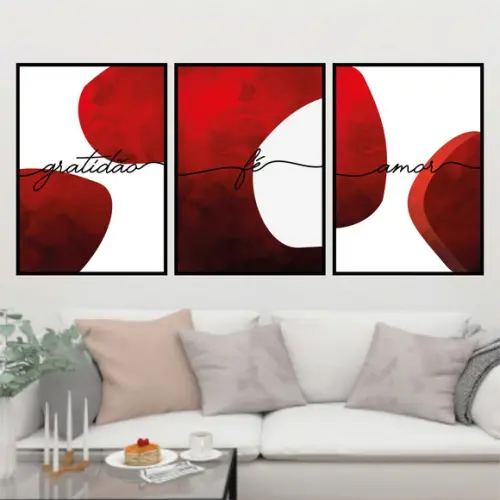 Trio Quadros Digitais - Gratidão Fé Amor Círculos Vermelho