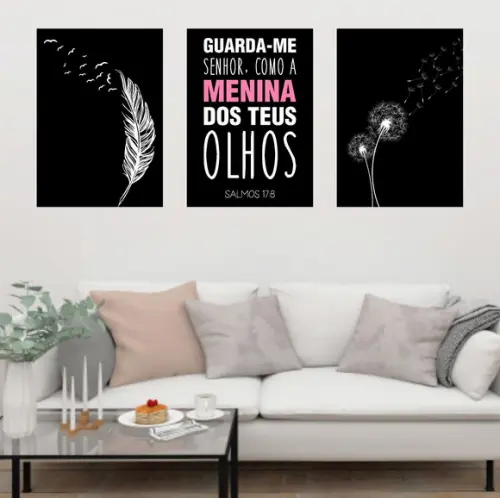 Trio Quadros Digitais - Guarda-me Senhor Dente de Leão Preto