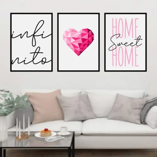 Trio Quadros Digitais - Infinito Coração Home Sweet Home