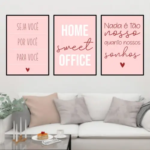 Trio Quadros Digitais - Home Sweet Ofice Rosa e Marsala