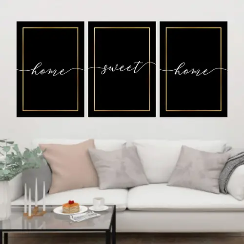 Trio Quadros Digitais - Home Sweet Home Preto Dourado