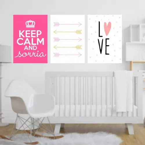 Trio Quadros Digitais - Keep Calm Love E Flechas