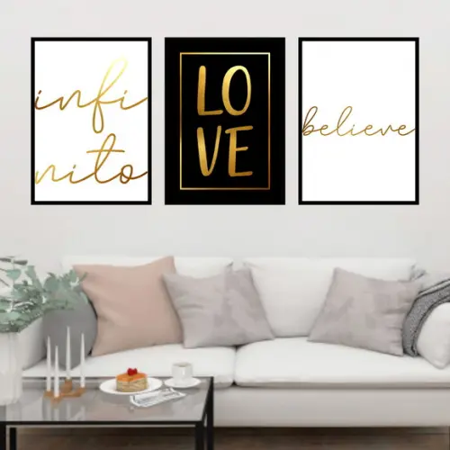 Trio Quadros Digitais - Infinito Love Beliveve Preto Dourado