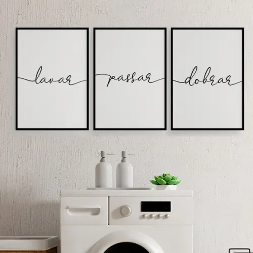 Trio Quadros Digitais - Lavanderia Branco e Preto