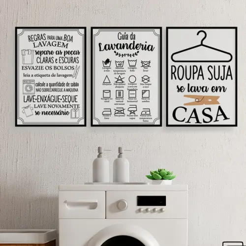 Trio Quadros Digitais - Lavanderia Preto E Branco
