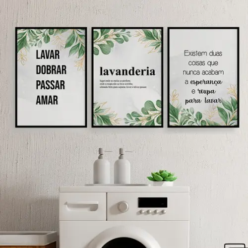 Trio Quadros Digitais - Lavanderia Folhas verde e dourado