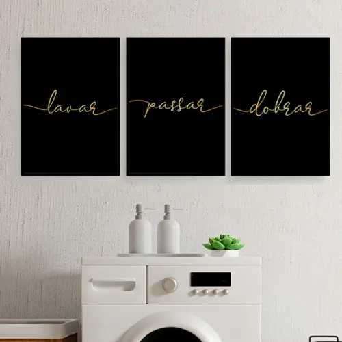Trio Quadros Digitais - Lavanderia Preto e Dourado