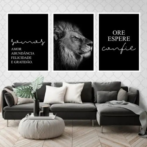 Trio Quadros Digitais - Leão Preto e Branco Somos Amor Ore