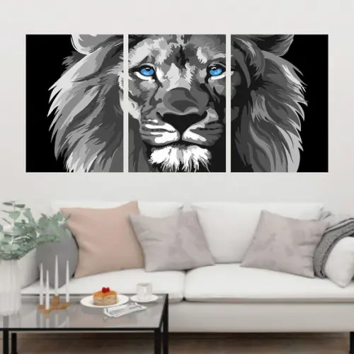 Trio Quadros Digitais - Leão Preto e Branco Olhos Azuis