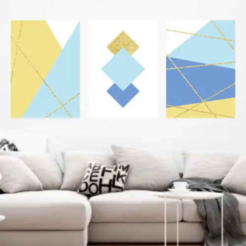 Trio Quadros Digitais - Linhas Douradas Geométrico Azul
