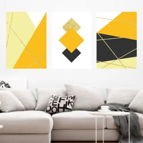Trio Quadros Digitais - Linhas Douradas Geométrico Amarelo