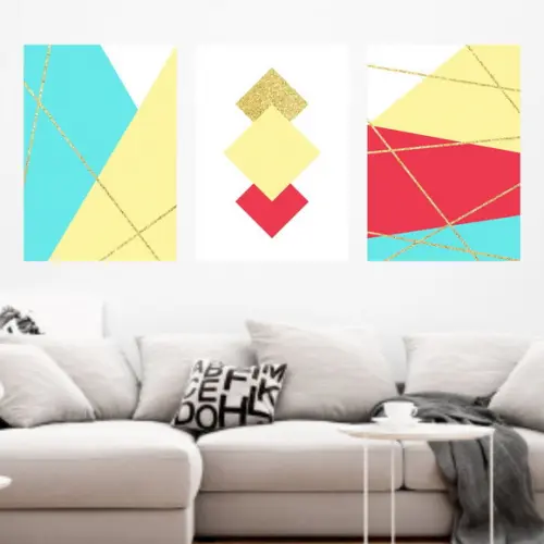 Trio Quadros Digitais - Linhas Douradas Geométrico Turquesa