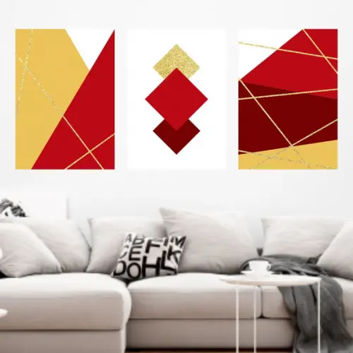 Trio Quadros Digitais - Linhas Douradas Geométrico Vermelho