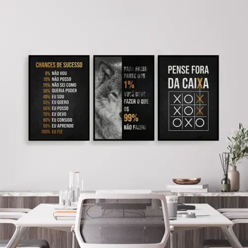 Trio Quadros Digitais - Lobo Emprendedorismo Sucesso Preto