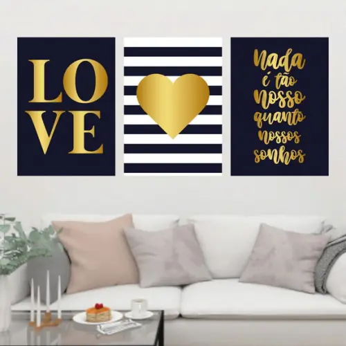 Trio Quadros Digitais - Love Coração Sonhos - Azul e dourado