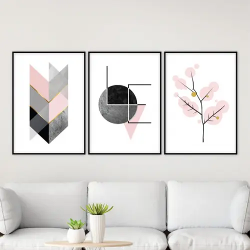 Trio Quadros Digitais - Love Geométrico Árvore Bolinhas Rosa