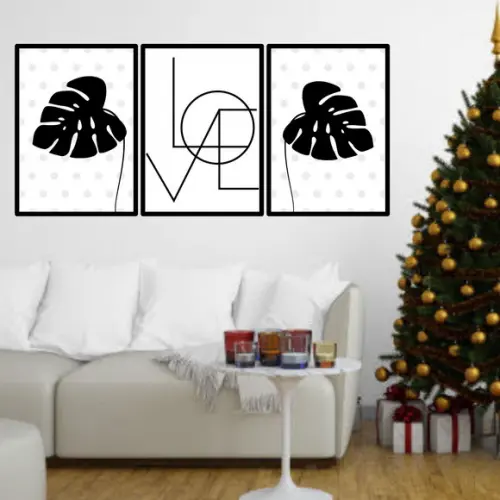 Trio Quadros Digitais - Love Folhas Tropicais Pretas