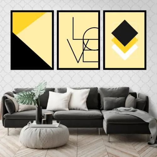 Trio Quadros Digitais - Love Geométrico Amarelo