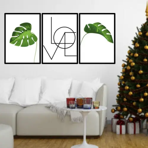 Trio Quadros Digitais - Love Folhas Tropicais Verdes