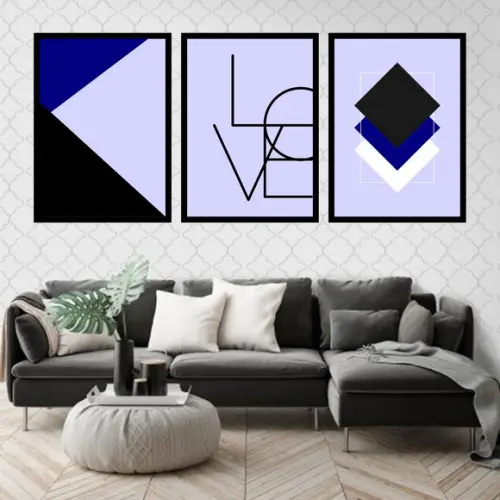 Trio Quadros Digitais - Love Geométrico Azul